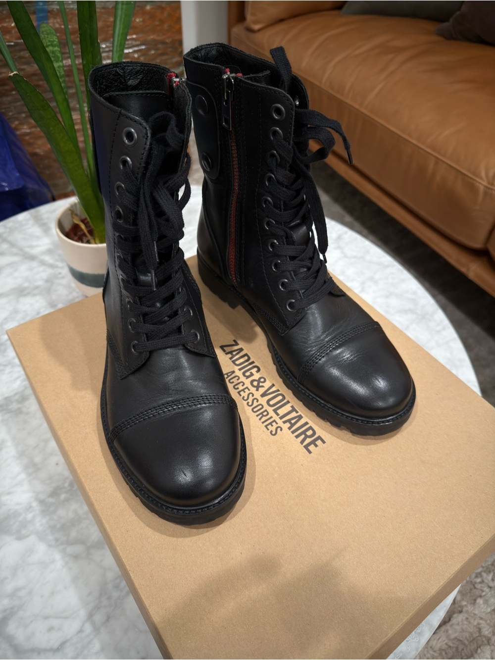 Zadig & Voltaire Black Leather Lace-Up Combat Boots with Side Zip